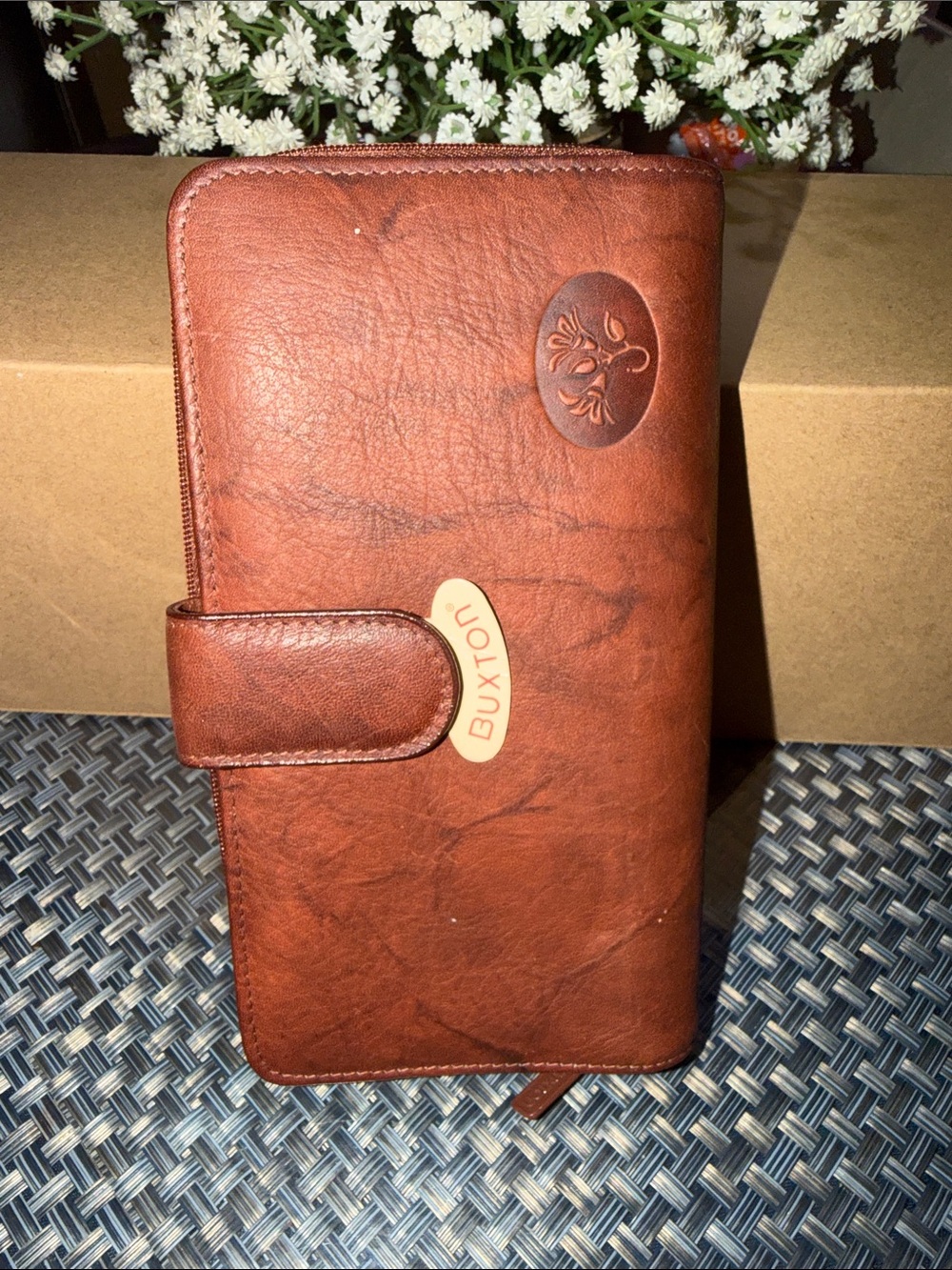 Buxton Brown Leather Zip Wallet with Snap Strap